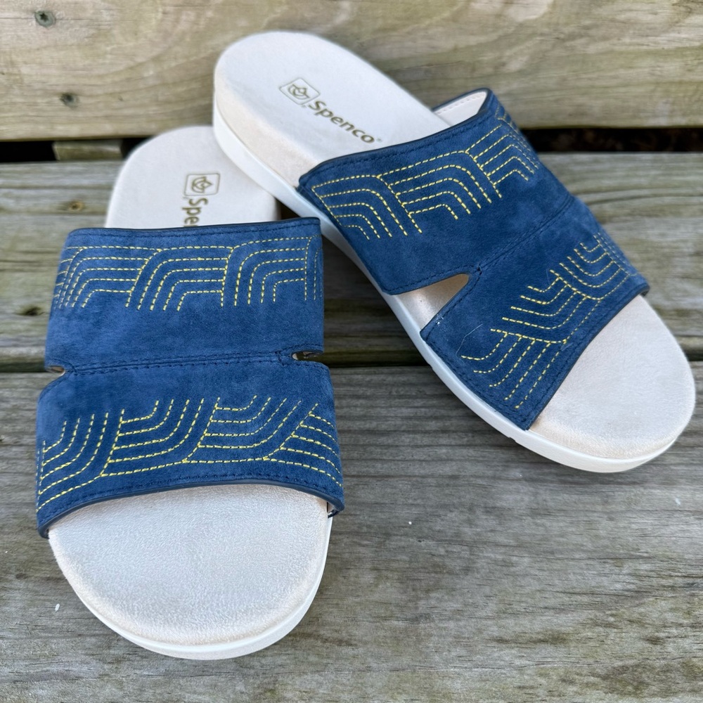 Spenco Blue Suede Slides Sandals Twilight Ellie Leather Soft Footbed Yellow 8
